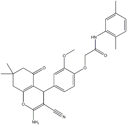 2-[4-(2-amino-3-cyano-7,7-dimethyl-5-oxo-5,6,7,8-tetrahydro-4H-chromen-4-yl)-2-methoxyphenoxy]-N-(2,5-dimethylphenyl)acetamide Struktur