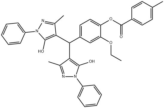 4-[bis(5-hydroxy-3-methyl-1-phenyl-1H-pyrazol-4-yl)methyl]-2-ethoxyphenyl 4-methylbenzoate Struktur