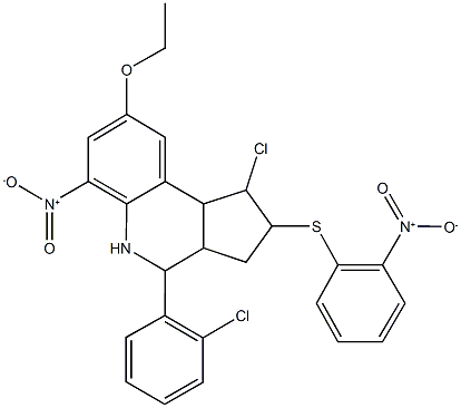 1-chloro-4-(2-chlorophenyl)-8-ethoxy-6-nitro-2-({2-nitrophenyl}sulfanyl)-2,3,3a,4,5,9b-hexahydro-1H-cyclopenta[c]quinoline Struktur