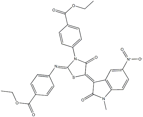 ethyl 4-(2-{[4-(ethoxycarbonyl)phenyl]imino}-5-{5-nitro-1-methyl-2-oxo-1,2-dihydro-3H-indol-3-ylidene}-4-oxo-1,3-thiazolidin-3-yl)benzoate Struktur