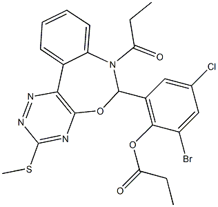 2-bromo-4-chloro-6-[3-(methylsulfanyl)-7-propionyl-6,7-dihydro[1,2,4]triazino[5,6-d][3,1]benzoxazepin-6-yl]phenyl propionate Struktur