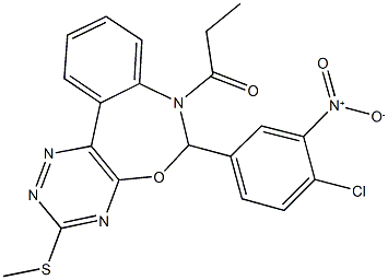 6-{4-chloro-3-nitrophenyl}-3-(methylsulfanyl)-7-propionyl-6,7-dihydro[1,2,4]triazino[5,6-d][3,1]benzoxazepine Struktur