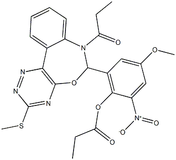 2-nitro-4-methoxy-6-[3-(methylsulfanyl)-7-propionyl-6,7-dihydro[1,2,4]triazino[5,6-d][3,1]benzoxazepin-6-yl]phenyl propionate Struktur