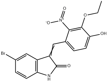 5-bromo-3-{3-ethoxy-4-hydroxy-2-nitrobenzylidene}-1,3-dihydro-2H-indol-2-one Struktur