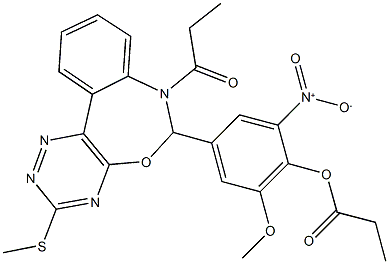 2-nitro-6-methoxy-4-[3-(methylsulfanyl)-7-propionyl-6,7-dihydro[1,2,4]triazino[5,6-d][3,1]benzoxazepin-6-yl]phenyl propionate Struktur