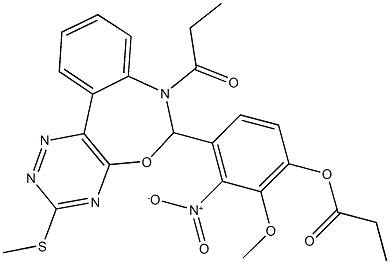 3-nitro-2-methoxy-4-[3-(methylsulfanyl)-7-propionyl-6,7-dihydro[1,2,4]triazino[5,6-d][3,1]benzoxazepin-6-yl]phenyl propionate Struktur