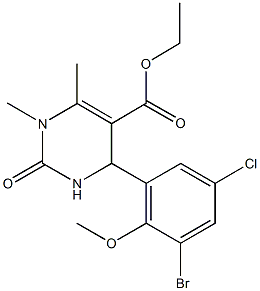 ethyl 4-(3-bromo-5-chloro-2-methoxyphenyl)-1,6-dimethyl-2-oxo-1,2,3,4-tetrahydro-5-pyrimidinecarboxylate Struktur