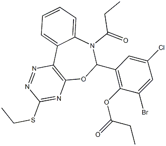 2-bromo-4-chloro-6-[3-(ethylsulfanyl)-7-propionyl-6,7-dihydro[1,2,4]triazino[5,6-d][3,1]benzoxazepin-6-yl]phenyl propionate Struktur