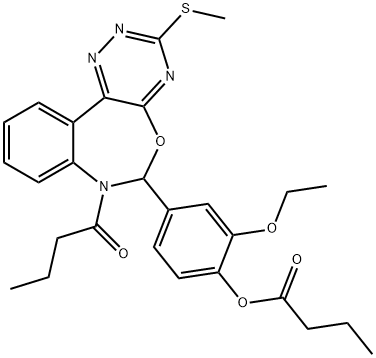 4-[7-butyryl-3-(methylsulfanyl)-6,7-dihydro[1,2,4]triazino[5,6-d][3,1]benzoxazepin-6-yl]-2-ethoxyphenyl butyrate Struktur