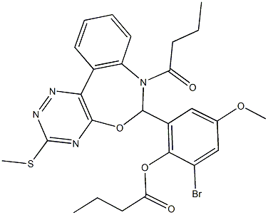 2-bromo-6-[7-butyryl-3-(methylsulfanyl)-6,7-dihydro[1,2,4]triazino[5,6-d][3,1]benzoxazepin-6-yl]-4-methoxyphenyl butyrate Struktur