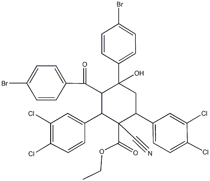 ethyl 3-(4-bromobenzoyl)-4-(4-bromophenyl)-1-cyano-2,6-bis(3,4-dichlorophenyl)-4-hydroxycyclohexanecarboxylate Struktur