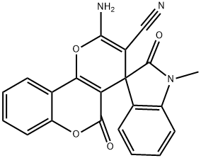 2'-amino-1-methyl-1,3-dihydro-2,5'-dioxospiro(2H-indole-3,4'-4'H,5'H-pyrano[3,2-c]chromene)-3'-carbonitrile Struktur