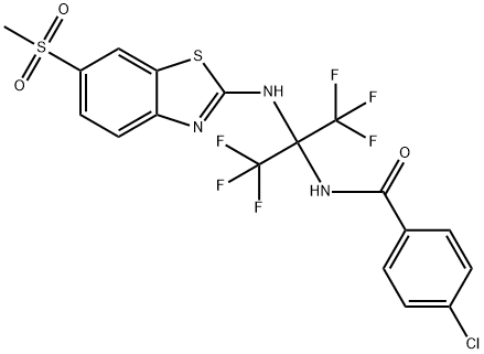 4-chloro-N-[2,2,2-trifluoro-1-{[6-(methylsulfonyl)-1,3-benzothiazol-2-yl]amino}-1-(trifluoromethyl)ethyl]benzamide Struktur