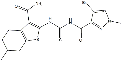 2-[({[(4-bromo-1-methyl-1H-pyrazol-3-yl)carbonyl]amino}carbothioyl)amino]-6-methyl-4,5,6,7-tetrahydro-1-benzothiophene-3-carboxamide Struktur