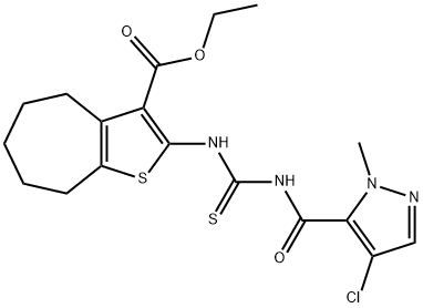 ethyl 2-[({[(4-chloro-1-methyl-1H-pyrazol-5-yl)carbonyl]amino}carbothioyl)amino]-5,6,7,8-tetrahydro-4H-cyclohepta[b]thiophene-3-carboxylate Struktur