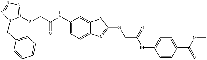 methyl 4-[({[6-({[(1-benzyl-1H-tetraazol-5-yl)sulfanyl]acetyl}amino)-1,3-benzothiazol-2-yl]sulfanyl}acetyl)amino]benzoate Struktur