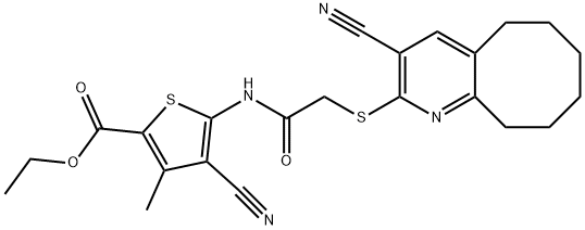 ethyl 4-cyano-5-({[(3-cyano-5,6,7,8,9,10-hexahydrocycloocta[b]pyridin-2-yl)sulfanyl]acetyl}amino)-3-methylthiophene-2-carboxylate Struktur