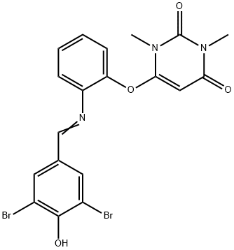 6-{2-[(3,5-dibromo-4-hydroxybenzylidene)amino]phenoxy}-1,3-dimethyl-2,4(1H,3H)-pyrimidinedione Struktur