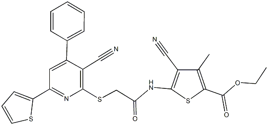 ethyl 4-cyano-5-[({[3-cyano-4-phenyl-6-(2-thienyl)-2-pyridinyl]sulfanyl}acetyl)amino]-3-methyl-2-thiophenecarboxylate Struktur