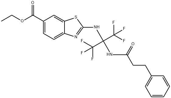 ethyl 2-{[2,2,2-trifluoro-1-[(3-phenylpropanoyl)amino]-1-(trifluoromethyl)ethyl]amino}-1,3-benzothiazole-6-carboxylate Struktur