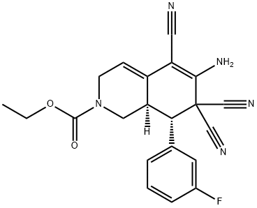 ethyl 6-amino-5,7,7-tricyano-8-(3-fluorophenyl)-3,7,8,8a-tetrahydro-2(1H)-isoquinolinecarboxylate Struktur