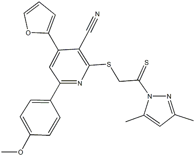 2-{[2-(3,5-dimethyl-1H-pyrazol-1-yl)-2-thioxoethyl]sulfanyl}-4-(2-furyl)-6-(4-methoxyphenyl)nicotinonitrile Struktur