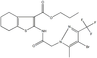 propyl 2-({[4-bromo-5-methyl-3-(trifluoromethyl)-1H-pyrazol-1-yl]acetyl}amino)-4,5,6,7-tetrahydro-1-benzothiophene-3-carboxylate Struktur