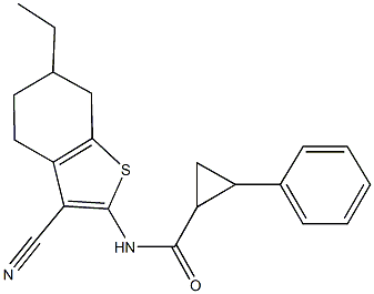 N-(3-cyano-6-ethyl-4,5,6,7-tetrahydro-1-benzothiophen-2-yl)-2-phenylcyclopropanecarboxamide Struktur