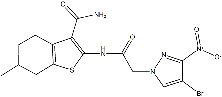 2-[({4-bromo-3-nitro-1H-pyrazol-1-yl}acetyl)amino]-6-methyl-4,5,6,7-tetrahydro-1-benzothiophene-3-carboxamide Struktur