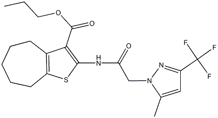 propyl 2-({[5-methyl-3-(trifluoromethyl)-1H-pyrazol-1-yl]acetyl}amino)-5,6,7,8-tetrahydro-4H-cyclohepta[b]thiophene-3-carboxylate Struktur