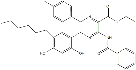 ethyl 3-(benzoylamino)-5-(5-hexyl-2,4-dihydroxyphenyl)-6-(4-methylphenyl)-2-pyrazinecarboxylate Struktur