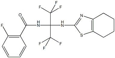 2-fluoro-N-[2,2,2-trifluoro-1-(4,5,6,7-tetrahydro-1,3-benzothiazol-2-ylamino)-1-(trifluoromethyl)ethyl]benzamide Struktur