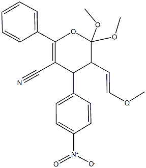 4-{4-nitrophenyl}-2,2-dimethoxy-3-(2-methoxyvinyl)-6-phenyl-3,4-dihydro-2H-pyran-5-carbonitrile Struktur