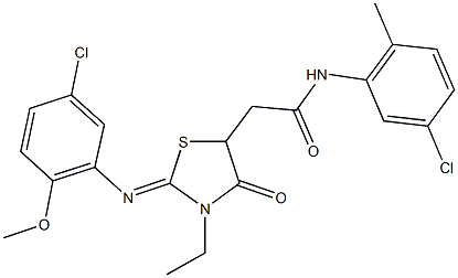 2-{2-[(5-chloro-2-methoxyphenyl)imino]-3-ethyl-4-oxo-1,3-thiazolidin-5-yl}-N-(5-chloro-2-methylphenyl)acetamide Struktur