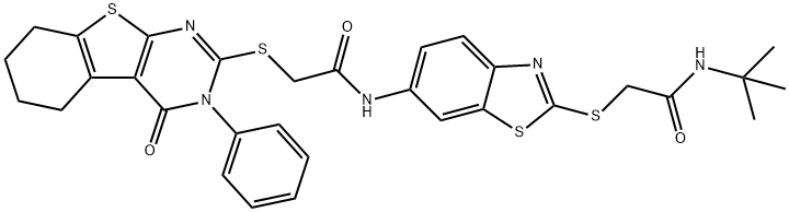 N-(2-{[2-(tert-butylamino)-2-oxoethyl]sulfanyl}-1,3-benzothiazol-6-yl)-2-[(4-oxo-3-phenyl-3,4,5,6,7,8-hexahydro[1]benzothieno[2,3-d]pyrimidin-2-yl)sulfanyl]acetamide Struktur