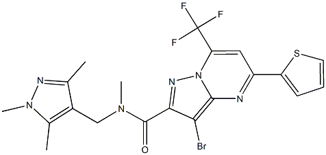 3-bromo-N-methyl-5-thien-2-yl-7-(trifluoromethyl)-N-[(1,3,5-trimethyl-1H-pyrazol-4-yl)methyl]pyrazolo[1,5-a]pyrimidine-2-carboxamide Struktur