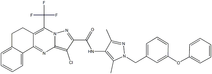 11-chloro-N-[3,5-dimethyl-1-(3-phenoxybenzyl)-1H-pyrazol-4-yl]-7-(trifluoromethyl)-5,6-dihydrobenzo[h]pyrazolo[5,1-b]quinazoline-10-carboxamide Struktur