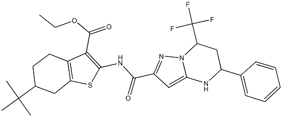 ethyl 6-tert-butyl-2-({[5-phenyl-7-(trifluoromethyl)-4,5,6,7-tetrahydropyrazolo[1,5-a]pyrimidin-2-yl]carbonyl}amino)-4,5,6,7-tetrahydro-1-benzothiophene-3-carboxylate Struktur