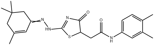 N-(3,4-dimethylphenyl)-2-{4-hydroxy-2-[(3,5,5-trimethyl-2-cyclohexen-1-ylidene)hydrazono]-2,5-dihydro-1,3-thiazol-5-yl}acetamide Struktur