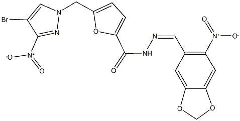 5-({4-bromo-3-nitro-1H-pyrazol-1-yl}methyl)-N'-({6-nitro-1,3-benzodioxol-5-yl}methylene)-2-furohydrazide Struktur