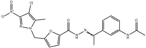 N-(3-{N-[5-({4-chloro-3-nitro-5-methyl-1H-pyrazol-1-yl}methyl)-2-furoyl]ethanehydrazonoyl}phenyl)acetamide Struktur