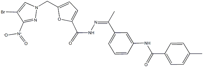 N-(3-{N-[5-({4-bromo-3-nitro-1H-pyrazol-1-yl}methyl)-2-furoyl]ethanehydrazonoyl}phenyl)-4-methylbenzamide Struktur