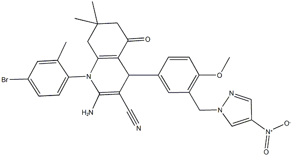 2-amino-1-(4-bromo-2-methylphenyl)-4-[3-({4-nitro-1H-pyrazol-1-yl}methyl)-4-methoxyphenyl]-7,7-dimethyl-5-oxo-1,4,5,6,7,8-hexahydro-3-quinolinecarbonitrile Struktur