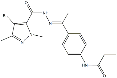 N-(4-{N-[(4-bromo-1,3-dimethyl-1H-pyrazol-5-yl)carbonyl]ethanehydrazonoyl}phenyl)propanamide Struktur