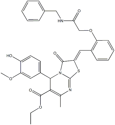 ethyl 2-{2-[2-(benzylamino)-2-oxoethoxy]benzylidene}-5-(4-hydroxy-3-methoxyphenyl)-7-methyl-3-oxo-2,3-dihydro-5H-[1,3]thiazolo[3,2-a]pyrimidine-6-carboxylate Struktur