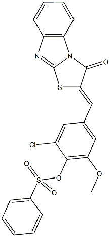 2-chloro-6-methoxy-4-[(3-oxo[1,3]thiazolo[3,2-a]benzimidazol-2(3H)-ylidene)methyl]phenyl benzenesulfonate Struktur