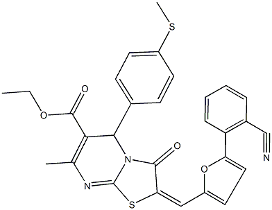 ethyl 2-{[5-(2-cyanophenyl)-2-furyl]methylene}-7-methyl-5-[4-(methylsulfanyl)phenyl]-3-oxo-2,3-dihydro-5H-[1,3]thiazolo[3,2-a]pyrimidine-6-carboxylate Struktur