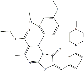 ethyl 5-(2,4-dimethoxyphenyl)-7-methyl-2-{[5-(4-methyl-1-piperazinyl)-2-furyl]methylene}-3-oxo-2,3-dihydro-5H-[1,3]thiazolo[3,2-a]pyrimidine-6-carboxylate Struktur