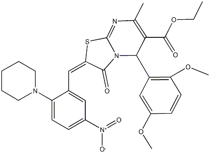 ethyl 5-(2,5-dimethoxyphenyl)-2-[5-nitro-2-(1-piperidinyl)benzylidene]-7-methyl-3-oxo-2,3-dihydro-5H-[1,3]thiazolo[3,2-a]pyrimidine-6-carboxylate Struktur