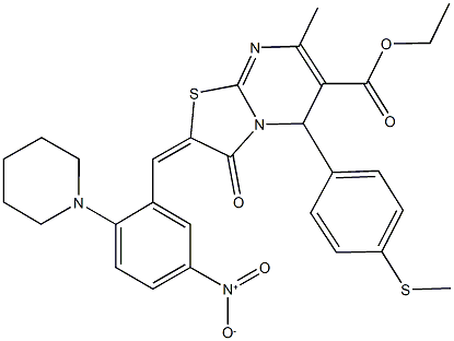 ethyl 2-[5-nitro-2-(1-piperidinyl)benzylidene]-7-methyl-5-[4-(methylsulfanyl)phenyl]-3-oxo-2,3-dihydro-5H-[1,3]thiazolo[3,2-a]pyrimidine-6-carboxylate Struktur